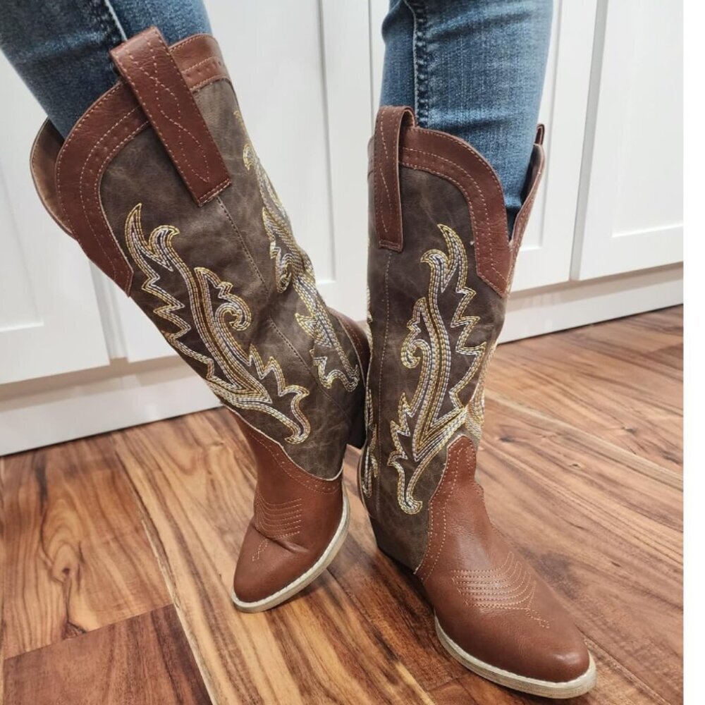 🆕Women Mosaic Brown Synthetic Embroidered Pointy Toe Comfortable Heeled Boot